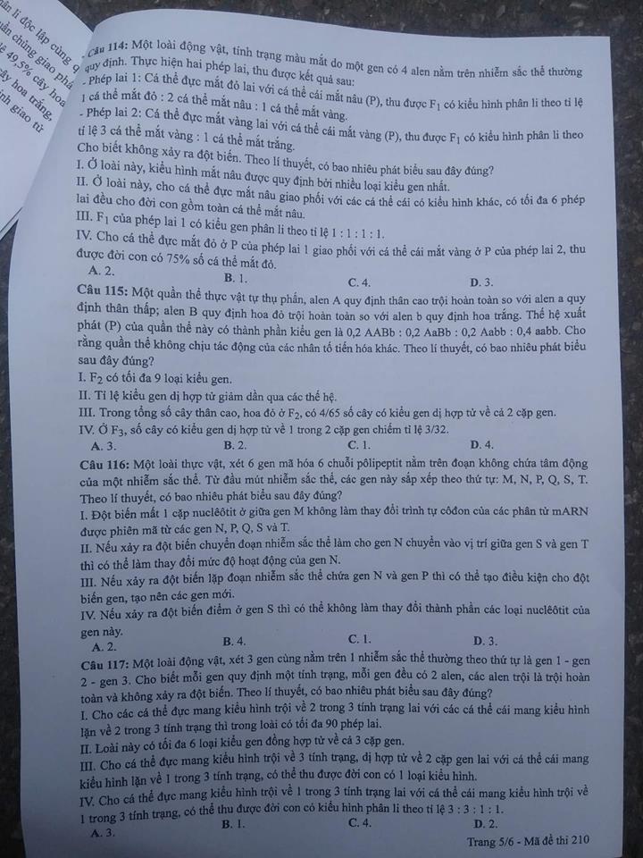 Đề thi, đáp án môn Sinh học mã đề  210  thi THPT Quốc gia 2018 chuẩn nhất (Hình 2).