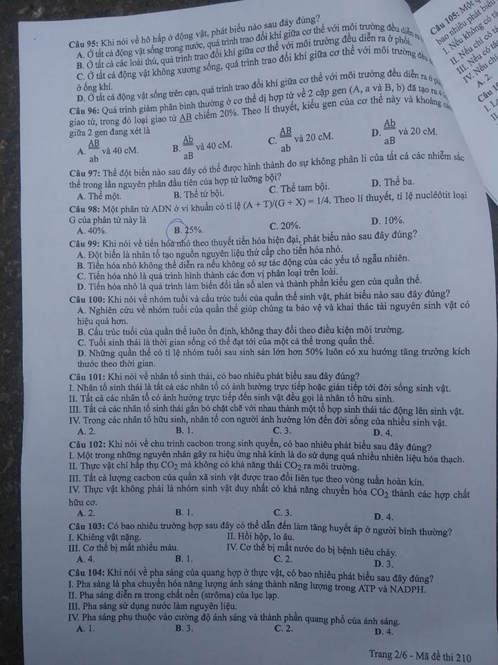 Đề thi, đáp án môn Sinh học mã đề  210  thi THPT Quốc gia 2018 chuẩn nhất (Hình 3).