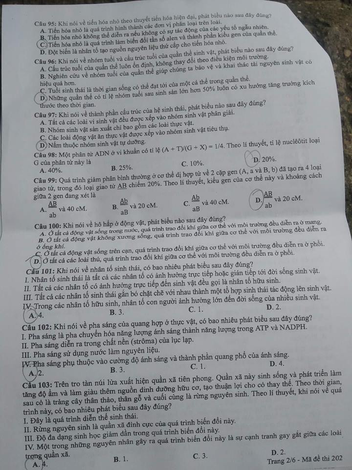 Đáp án môn Sinh học mã đề 202 THPT Quốc gia 2018 chuẩn nhất (Hình 2).