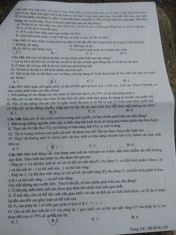 Đáp án môn Sinh học mã đề 202 THPT Quốc gia 2018 chuẩn nhất (Hình 3).