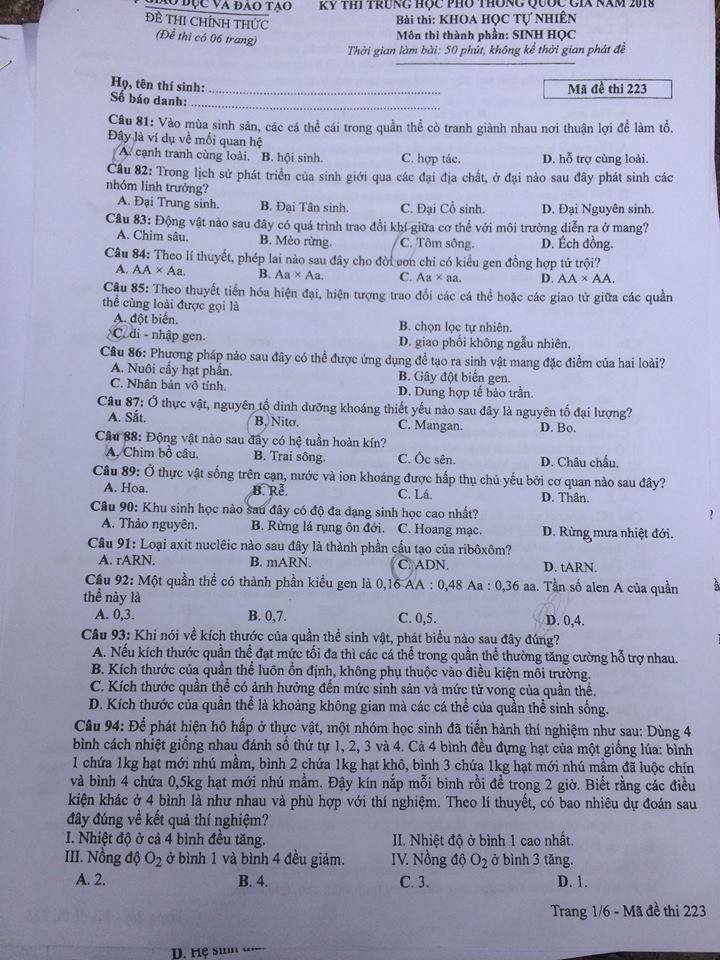 Đáp án môn Sinh học mã đề 223  thi THPT Quốc gia 2018 chuẩn nhất