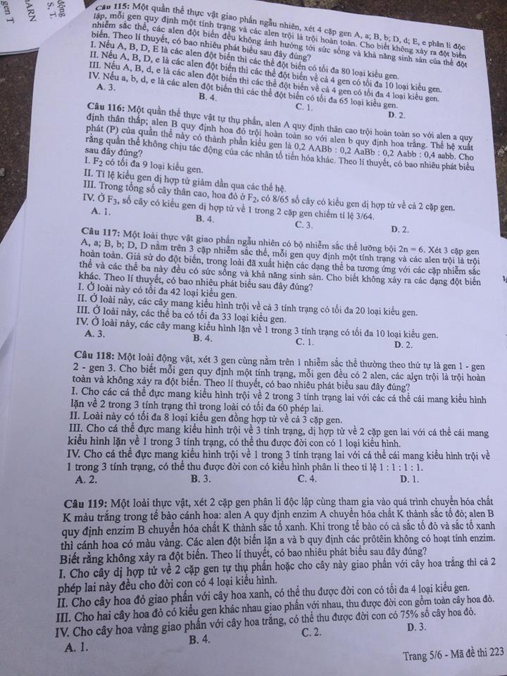 Đề thi, đáp án môn Sinh học mã đề 223 thi THPT Quốc gia 2018 chuẩn nhất (Hình 5).