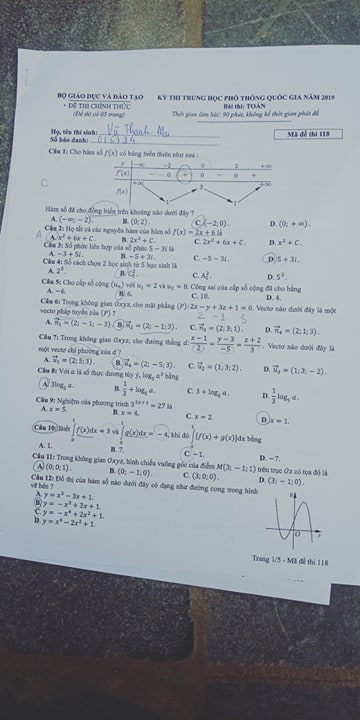 Giáo dục - Đáp án, đề thi môn Toán kỳ thi THPT Quốc gia 2019 chuẩn nhất mã đề 118