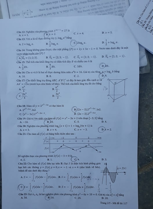 Giáo dục - Đáp án đề thi môn Toán thi THPT Quốc gia 2019 của bộ GD&ĐT mã đề 117 (Hình 2).