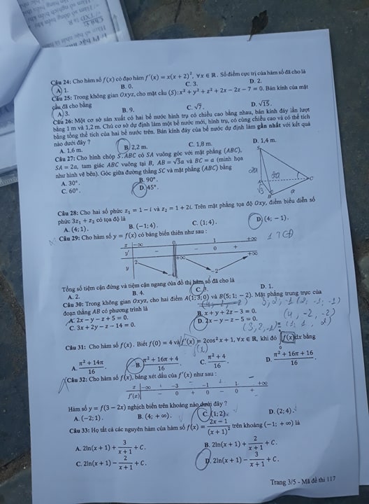 Giáo dục - Đáp án đề thi môn Toán thi THPT Quốc gia 2019 của bộ GD&ĐT mã đề 117 (Hình 3).