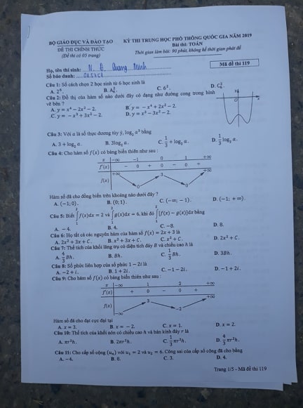 Giáo dục - Đáp án đề thi môn Toán thi THPT Quốc gia 2019 của bộ GD&ĐT mã đề 119