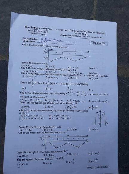 Giáo dục - Đáp án đề thi môn Toán thi THPT Quốc gia 2019 của bộ GD&ĐT mã đề 120