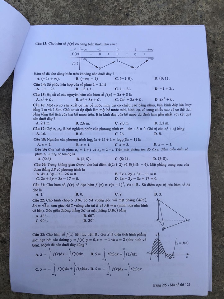 Giáo dục - Đáp án, đề thi môn Toán thi THPT Quốc gia 2019 của bộ GD&ĐT mã đề 121 (Hình 2).