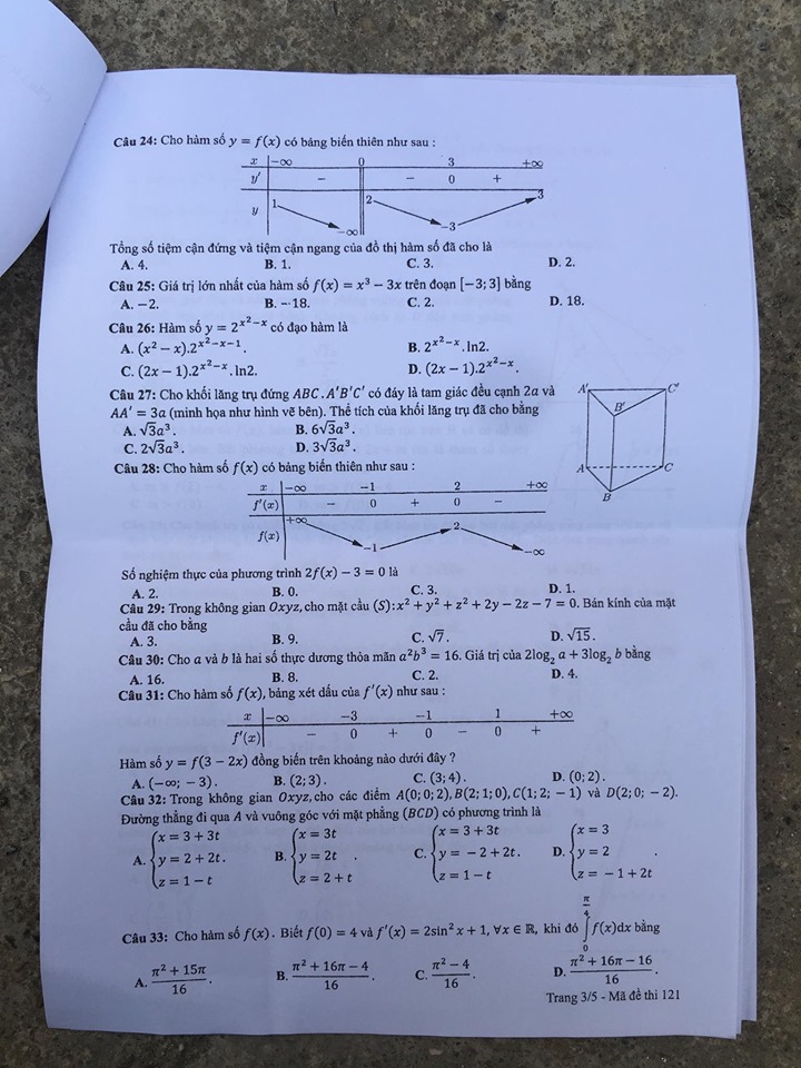 Giáo dục - Đáp án, đề thi môn Toán thi THPT Quốc gia 2019 của bộ GD&ĐT mã đề 121 (Hình 3).