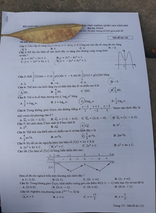 Giáo dục - Đáp án đề thi môn Toán thi THPT Quốc gia 2019 của bộ GD&ĐT mã đề 122