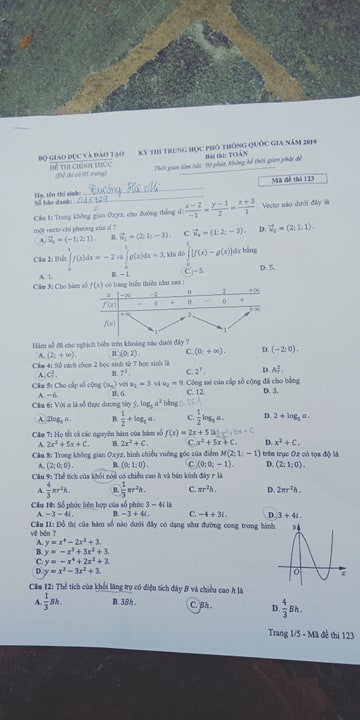 Giáo dục - Đáp án đề thi môn Toán thi THPT Quốc gia 2019 của bộ GD&ĐT mã đề 123