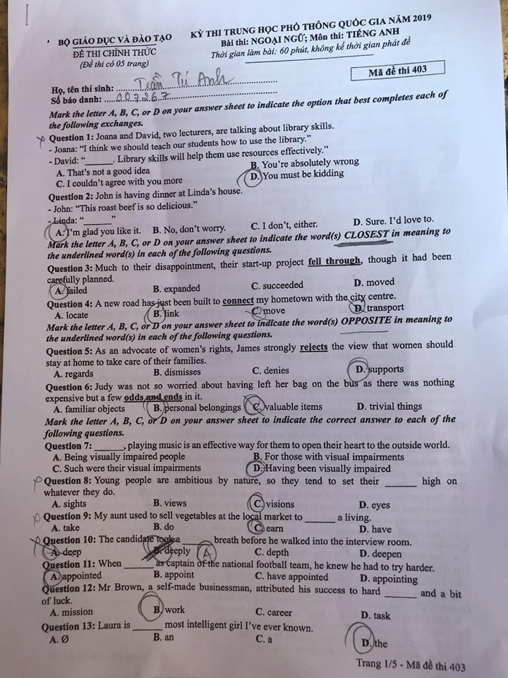 Giáo dục - Đáp án đề thi môn tiếng Anh mã đề 403 thi THPT Quốc gia 2019 của bộ GD&ĐT  (Hình 2).