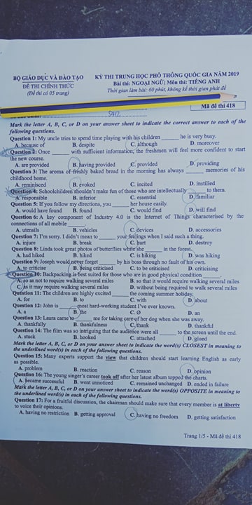 Giáo dục - Đáp án đề thi môn tiếng Anh mã đề 418 thi THPT Quốc gia 2019 chính xác nhất (Hình 2).