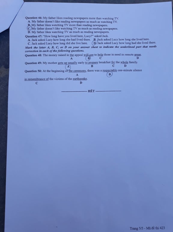 Giáo dục - Đáp án đề thi môn tiếng Anh mã đề 423 thi THPT Quốc gia 2019 chính xác nhất (Hình 6).