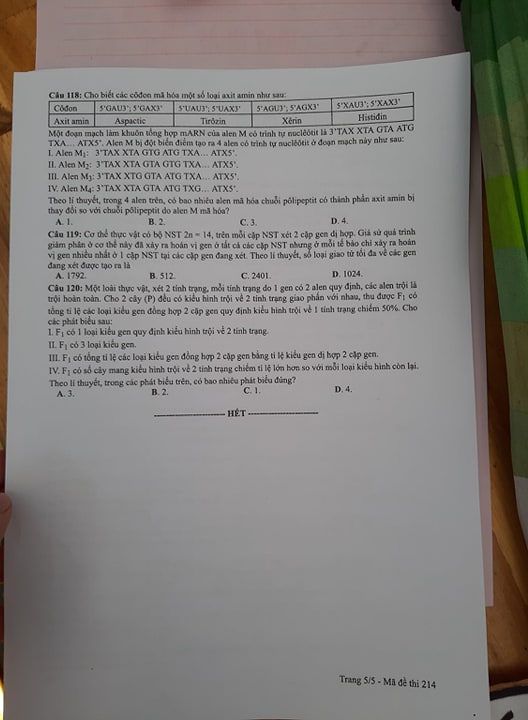 Giáo dục - Đáp án đề thi môn Sinh học mã đề 214 thi THPT Quốc gia 2019 chuẩn nhất (Hình 6).