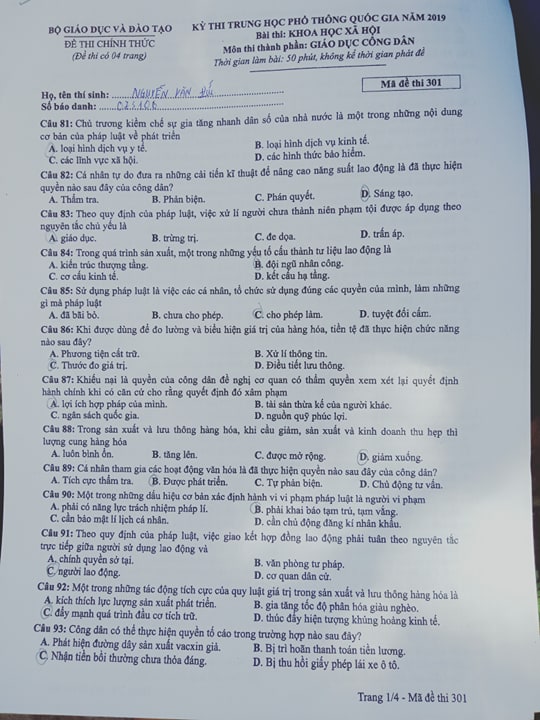 Giáo dục - Đáp án đề thi môn GDCD mã đề 301 thi THPT Quốc gia 2019 chuẩn nhất