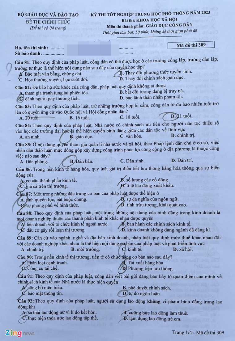 Giáo dục - Đề thi, đáp án môn GDCD mã đề 309 kỳ thi tốt nghiệp THPT năm 2023