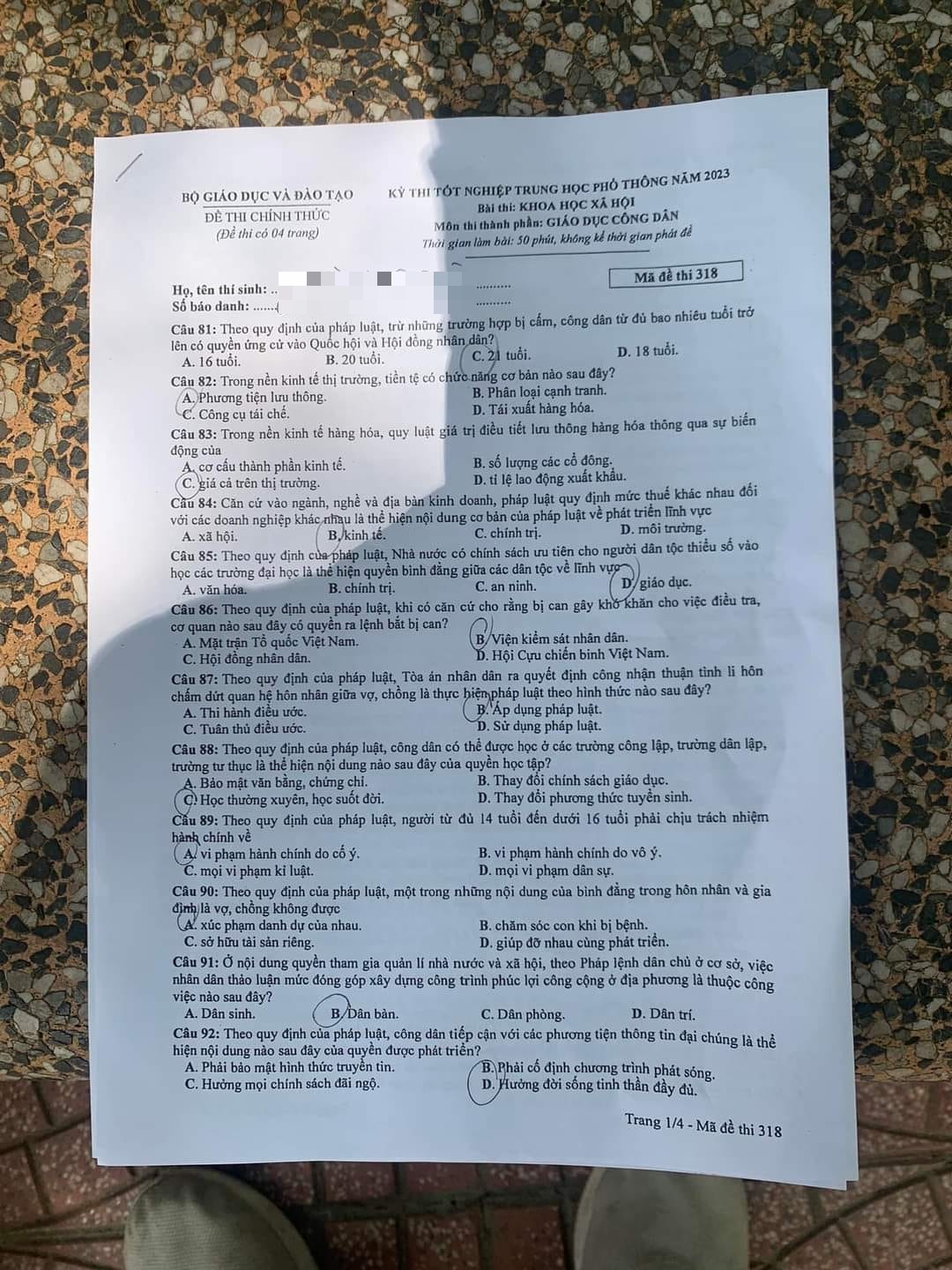 Giáo dục - Đề thi, đáp án môn GDCD mã đề 318 kỳ thi tốt nghiệp THPT năm 2023