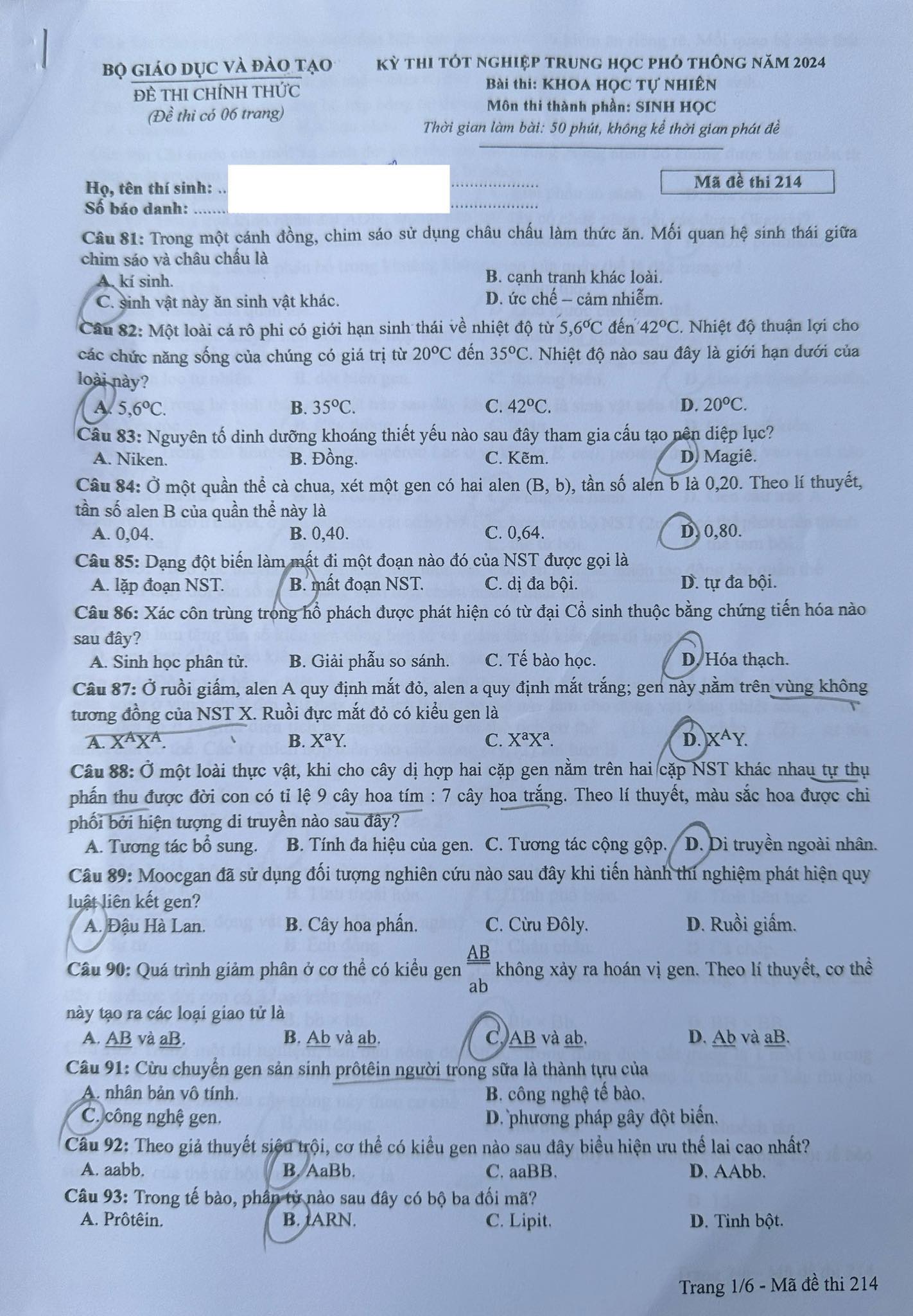 Giáo dục - Đáp án, đề thi môn Sinh học mã đề 214 kỳ thi THPT năm 2024 chuẩn nhất