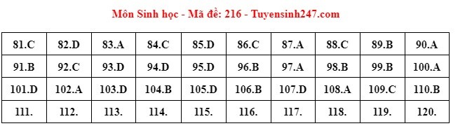 Giáo dục - Đáp án, đề thi môn Sinh học mã đề 216 kỳ thi THPT năm 2024 chuẩn nhất