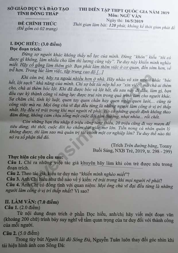 Giáo dục - Chi tiết đề thi thử môn Ngữ Văn THPT quốc gia 2019 tại Đồng Tháp và Ninh Bình