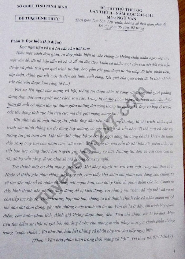 Giáo dục - Chi tiết đề thi thử môn Ngữ Văn THPT quốc gia 2019 tại Đồng Tháp và Ninh Bình (Hình 3).