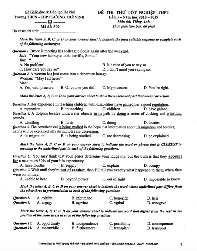 Giáo dục - Đề thi thử môn Tiếng anh THPT quốc gia 2019 của trường Lương Thế Vinh