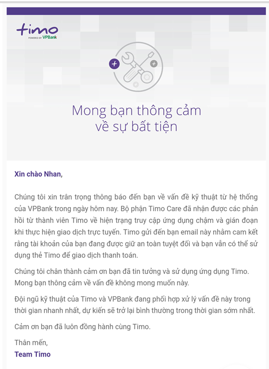 Tài chính - Ngân hàng - Ngân hàng số Timo của VPBank gặp sự cố kỹ thuật