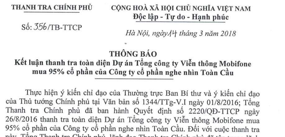 Toàn văn thông báo Kết luận thanh tra toàn diện thương vụ Mobifone mua AVG