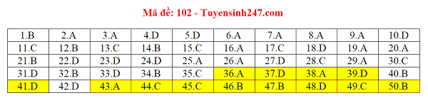 Đáp án môn Toán mã đề 102 THPT Quốc gia 2018 chuẩn nhất