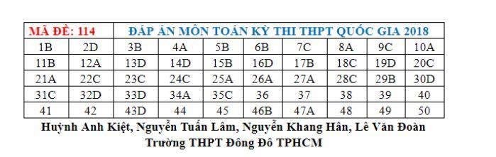 Đáp án môn Toán mã đề 114 THPT Quốc gia 2018 chuẩn nhất