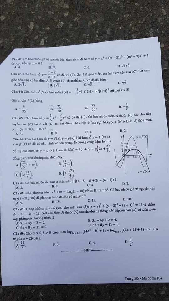 Đề thi, đáp án môn Toán mã đề 104 THPT Quốc gia 2018 và gợi ý đáp án chuẩn nhất (Hình 5).