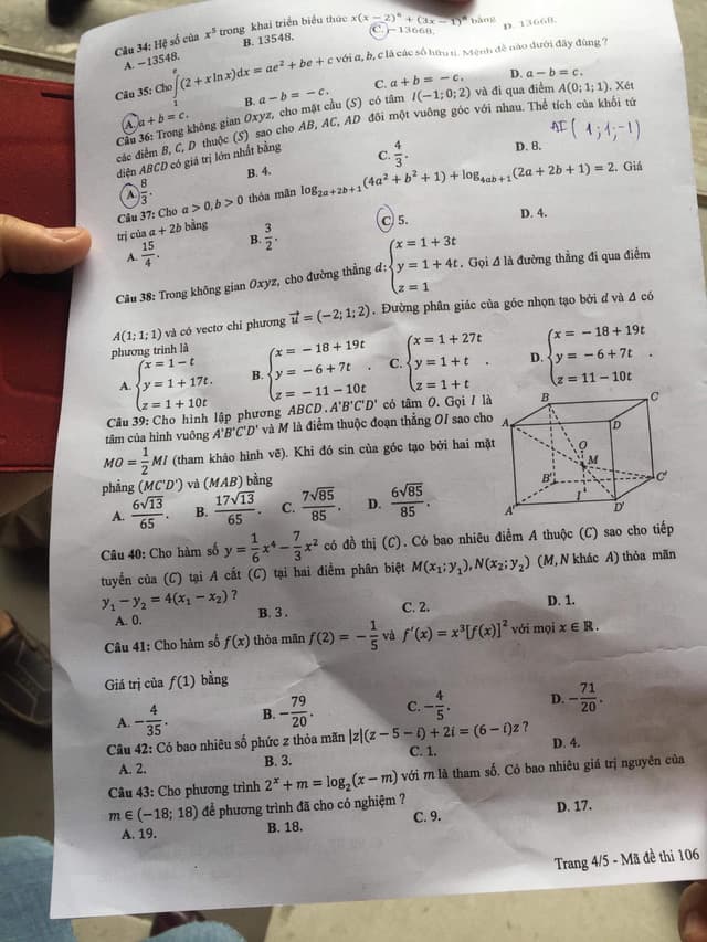 Đề thi, đáp án môn Toán mã đề 106 THPT Quốc gia 2018 chuẩn nhất (Hình 4).