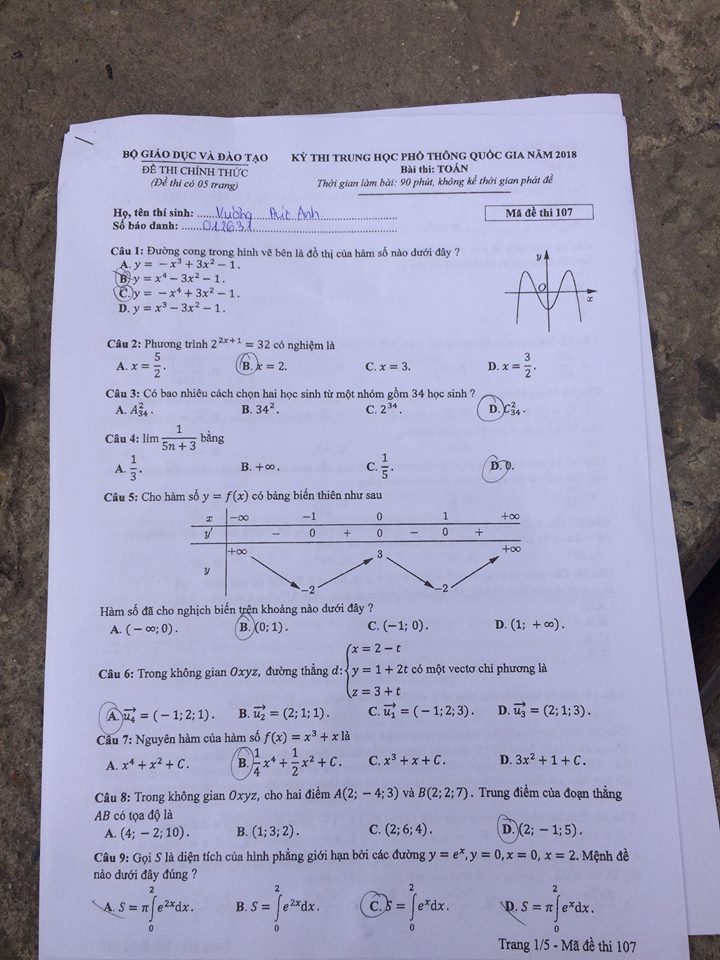 Đề thi, đáp án môn Toán mã đề 107 THPT Quốc gia 2018 chuẩn nhất
