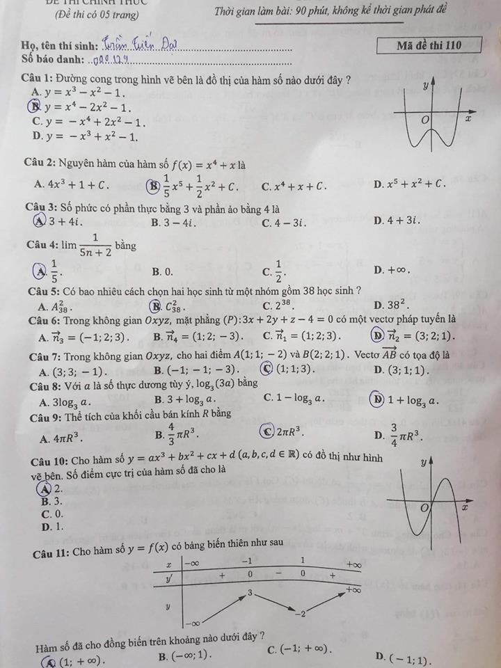 Đề thi, đáp án môn Toán mã đề 110 THPT Quốc gia 2018 chuẩn nhất