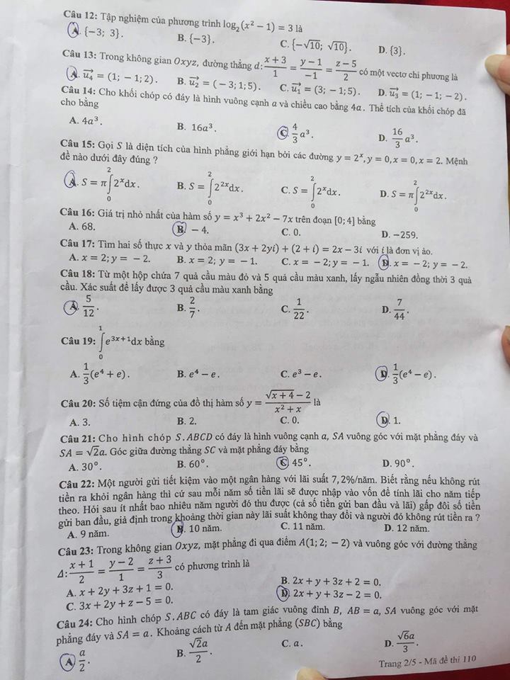 Đề thi, đáp án môn Toán mã đề 110 THPT Quốc gia 2018 chuẩn nhất (Hình 2).