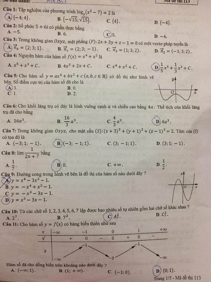 Đề thi, đáp án môn Toán mã đề 113 THPT Quốc gia 2018 chuẩn nhất