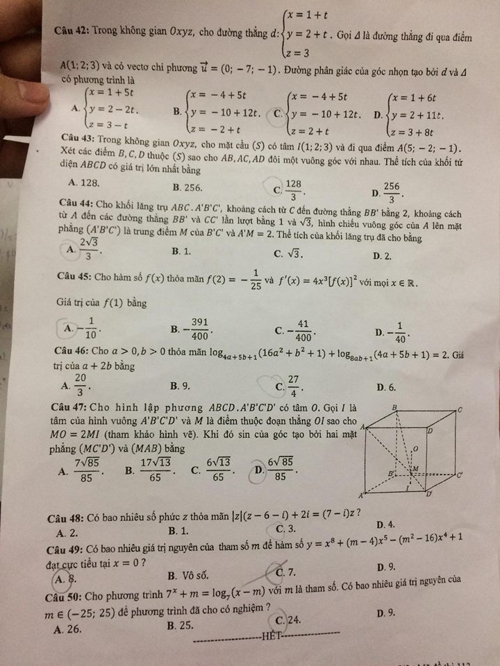 Đề thi, đáp án môn Toán mã đề 113 THPT Quốc gia 2018 chuẩn nhất (Hình 5).