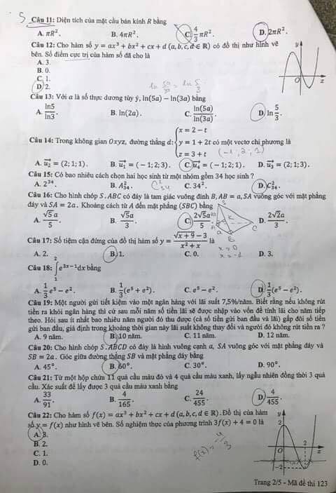 Đề thi, đáp án môn Toán mã đề 123 THPT Quốc gia 2018 chuẩn nhất (Hình 2).