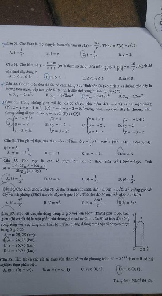 Đề thi, đáp án môn Toán mã đề 124 THPT Quốc gia 2018 chuẩn nhất (Hình 4).