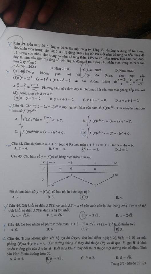 Đề thi, đáp án môn Toán mã đề 124 THPT Quốc gia 2018 chuẩn nhất (Hình 5).