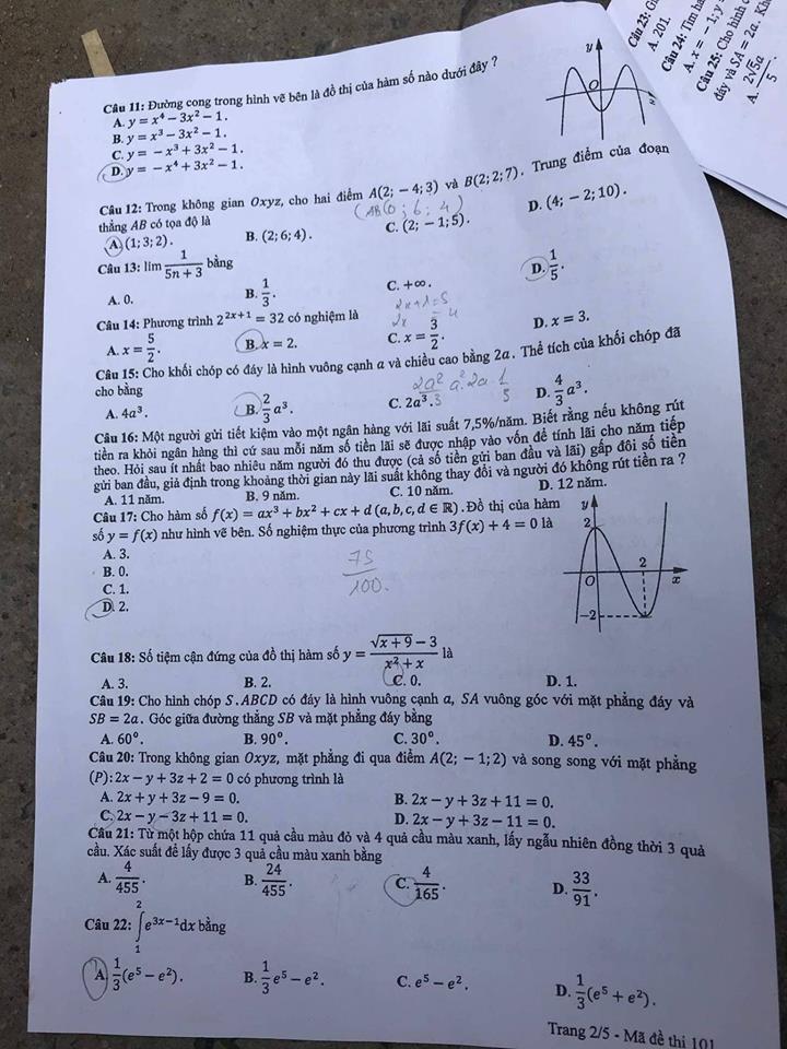  Đề thi, đáp án môn Toán mã đề 101 THPT Quốc gia 2018 chuẩn nhất (Hình 2).