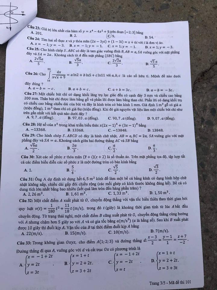  Đề thi, đáp án môn Toán mã đề 101 THPT Quốc gia 2018 chuẩn nhất (Hình 3).