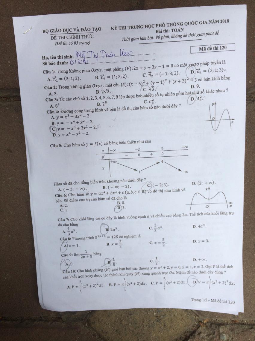 Đề thi, đáp án môn Toán mã đề 120 THPT Quốc gia 2018  chuẩn nhất