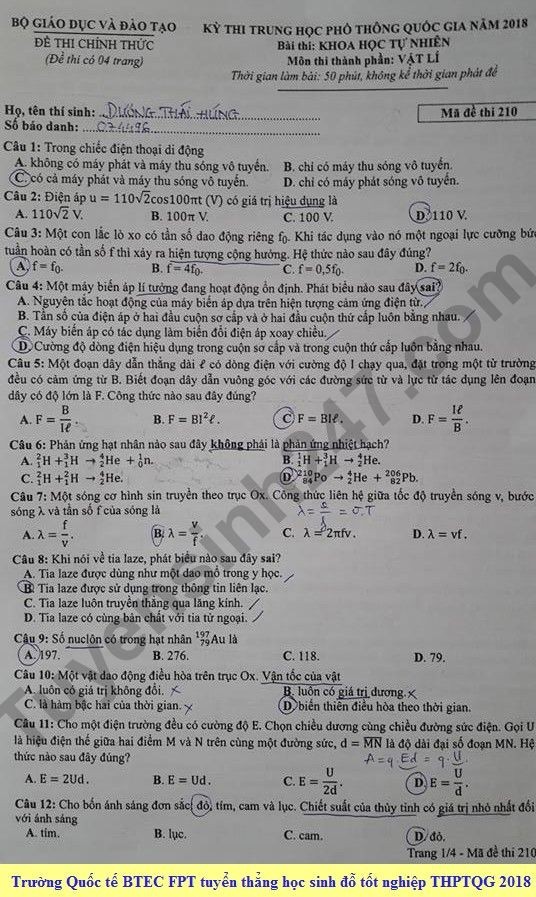Đề thi, đáp án môn Vật lý mã đề 210 THPT Quốc gia 2018 chuẩn nhất