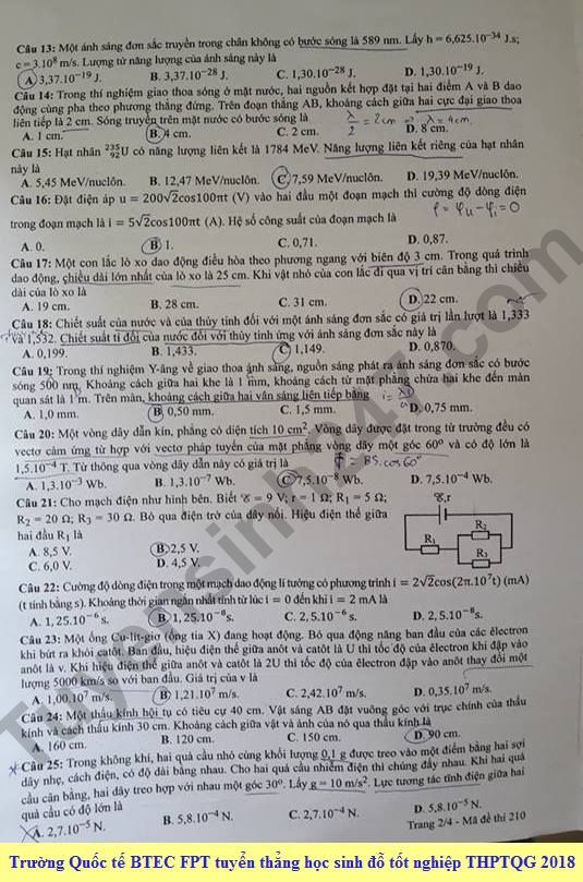 Đề thi, đáp án môn Vật lý mã đề 210 THPT Quốc gia 2018 chuẩn nhất (Hình 2).