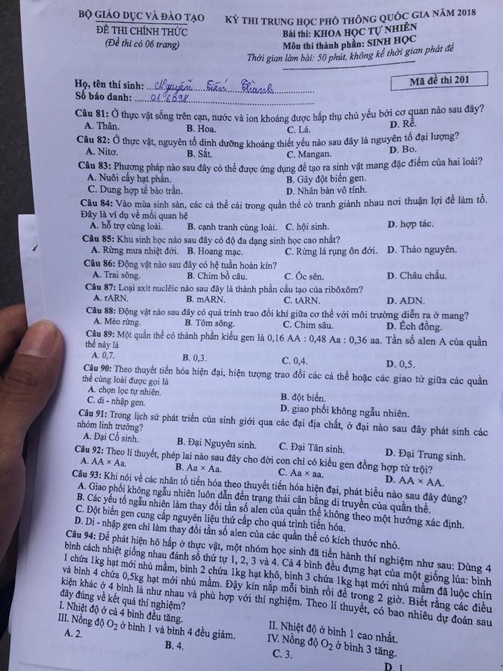 Đề thi, đáp án môn Sinh học mã đề 201 THPT Quốc gia 2018 chuẩn nhất