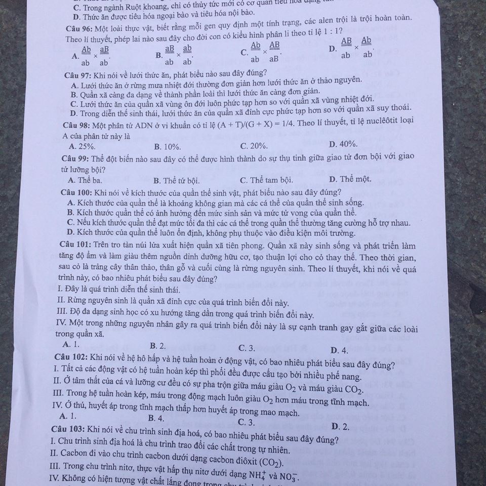 Đề thi, đáp án môn Sinh học mã đề 201 THPT Quốc gia 2018 chuẩn nhất (Hình 2).