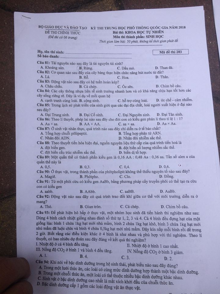 Đề thi, đáp án môn Sinh học mã đề 203 THPT Quốc gia 2018 chuẩn nhất