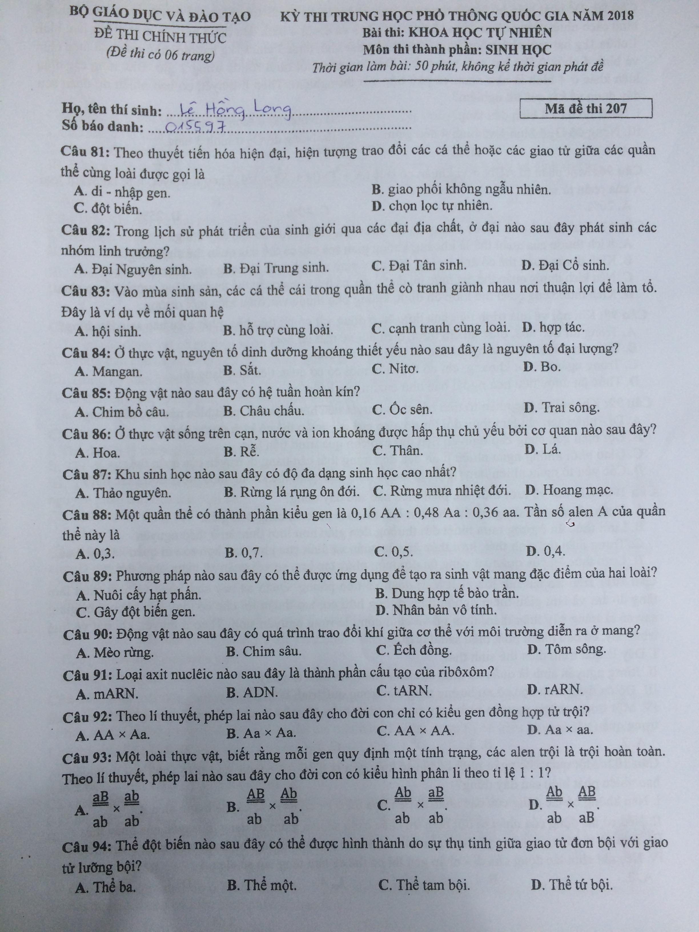 Đề thi, đáp án môn Sinh học mã đề 207 THPT Quốc gia 2018 chuẩn nhất